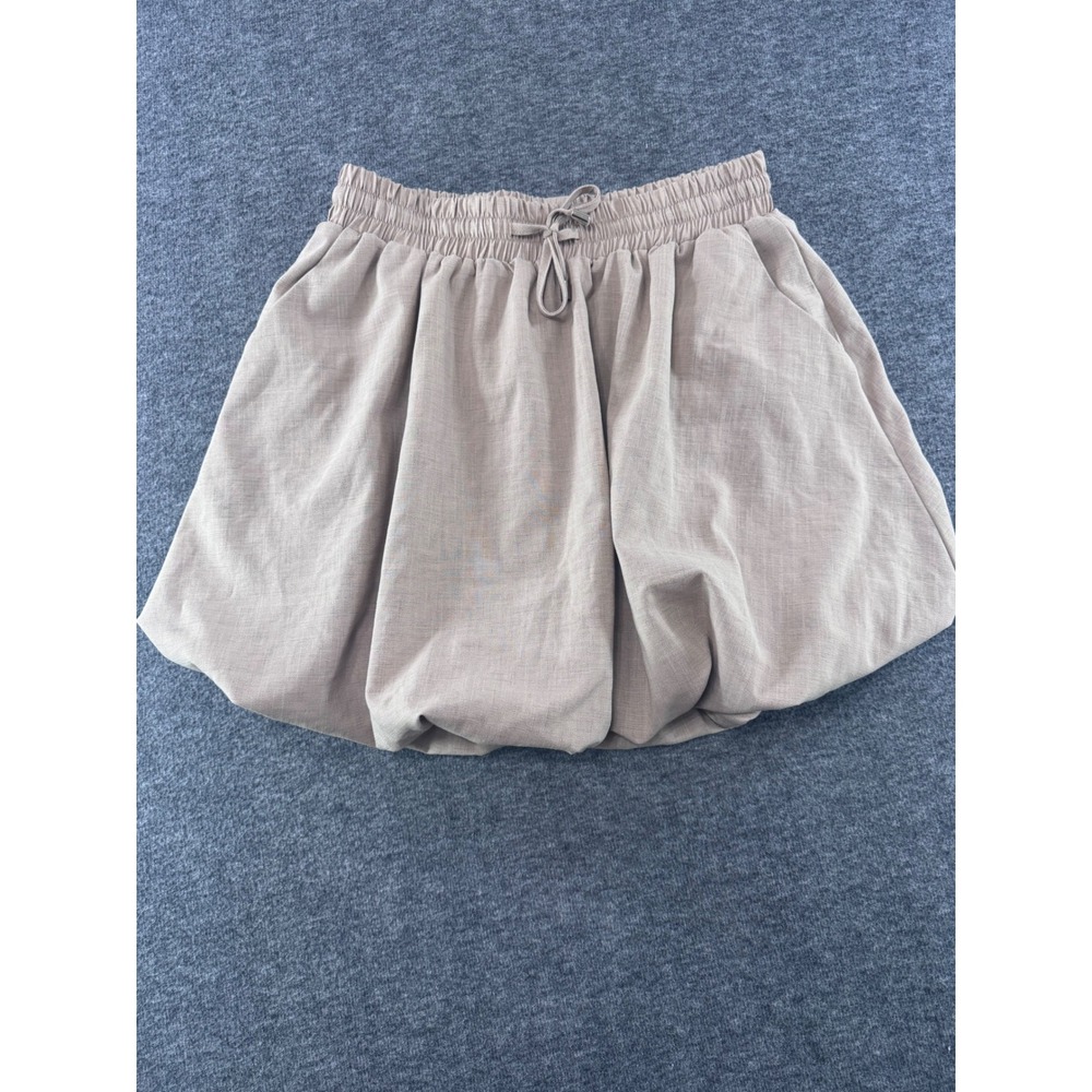 Scrap-Work Boutique Taupe Beige Bubble Mini Skirt Elastic Waist Pockets Small